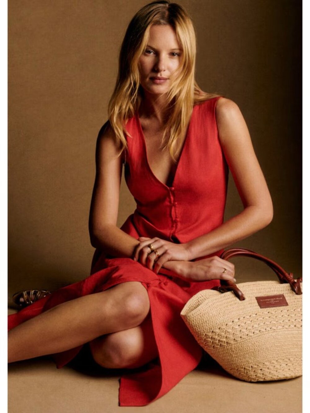 NWT Sezane Fitia Midi in Poppy Red Linen Sleeveless Shirt Dress 38 / US 6 - Picture 2 of 7
